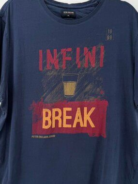 Peter England Jeans T-Shirt Men's 3XL Blue Graphic Tee Infini Break Short Sleeve